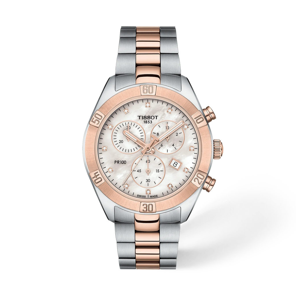 Front view of the watch Tissot PR 100 Sport Chic 38mm with shadow