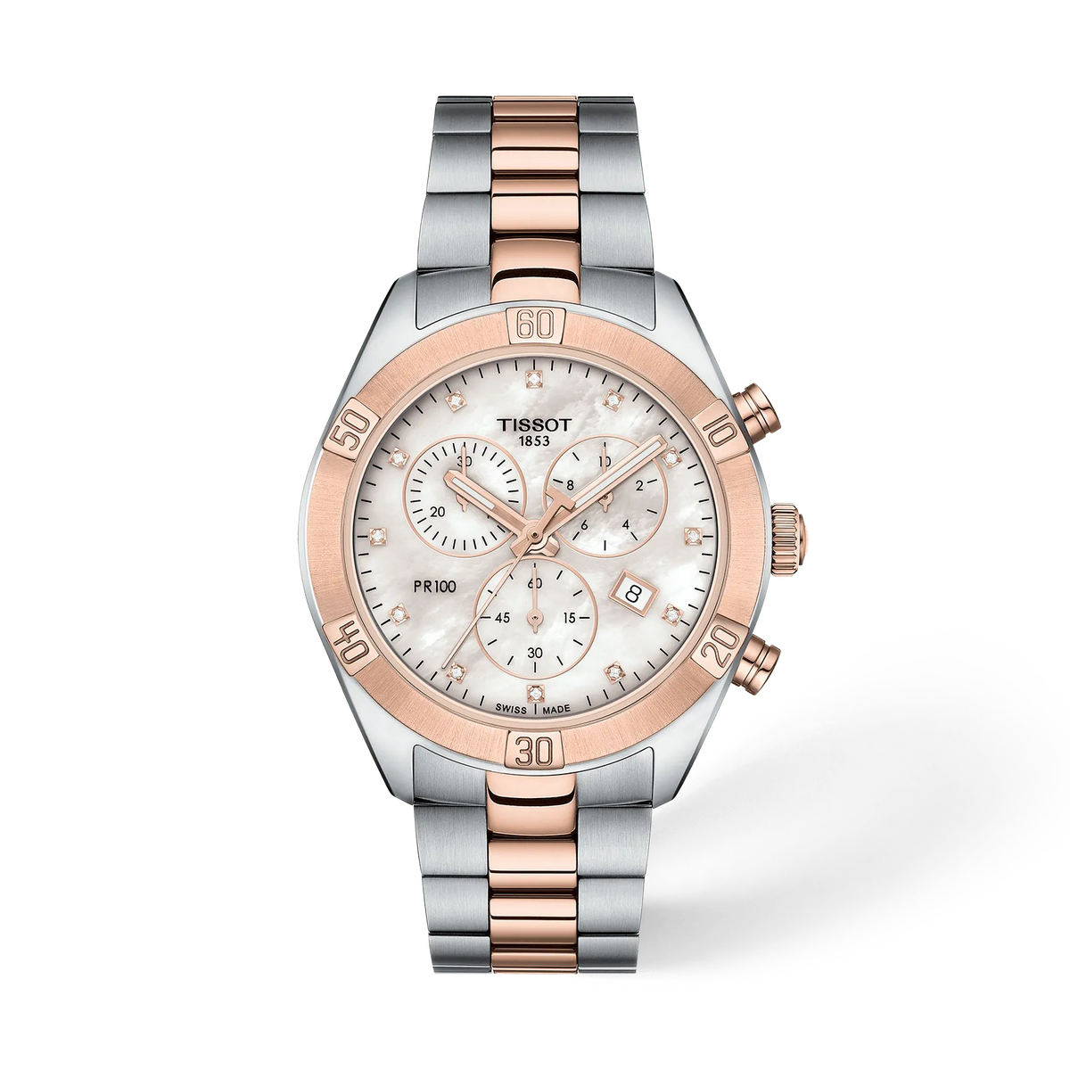 Front view of the watch Tissot PR 100 Sport Chic 38mm with shadow