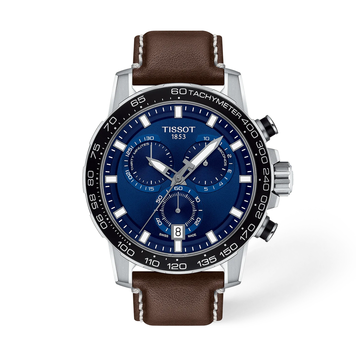 Front view of the watch Tissot Supersport Chrono 45.5mm with shadow