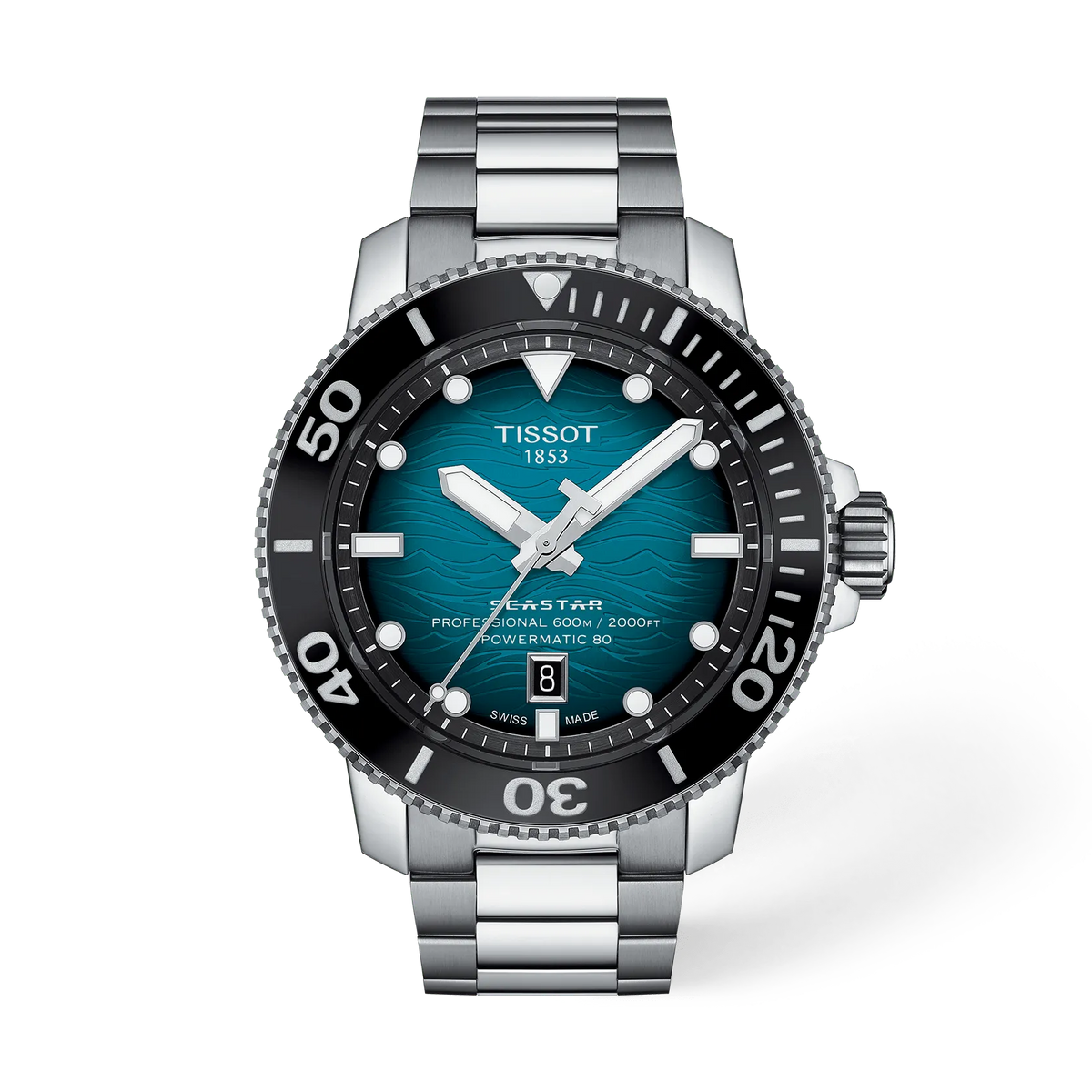 Front view of the watch Tissot Seastar 2000 46mm with shadow