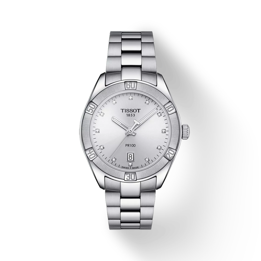 Front view of the watch Tissot PR 100 Sport Chic with shadow