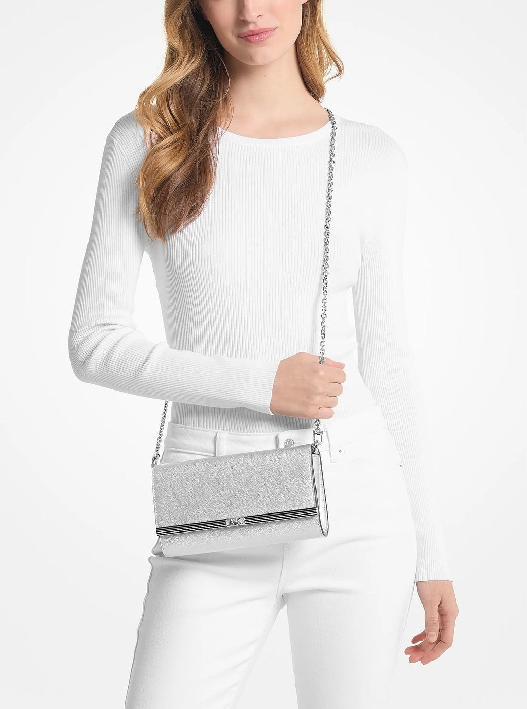 Michael Kors Mona Large Metallic Saffiano Leather Clutch - Silver - 6