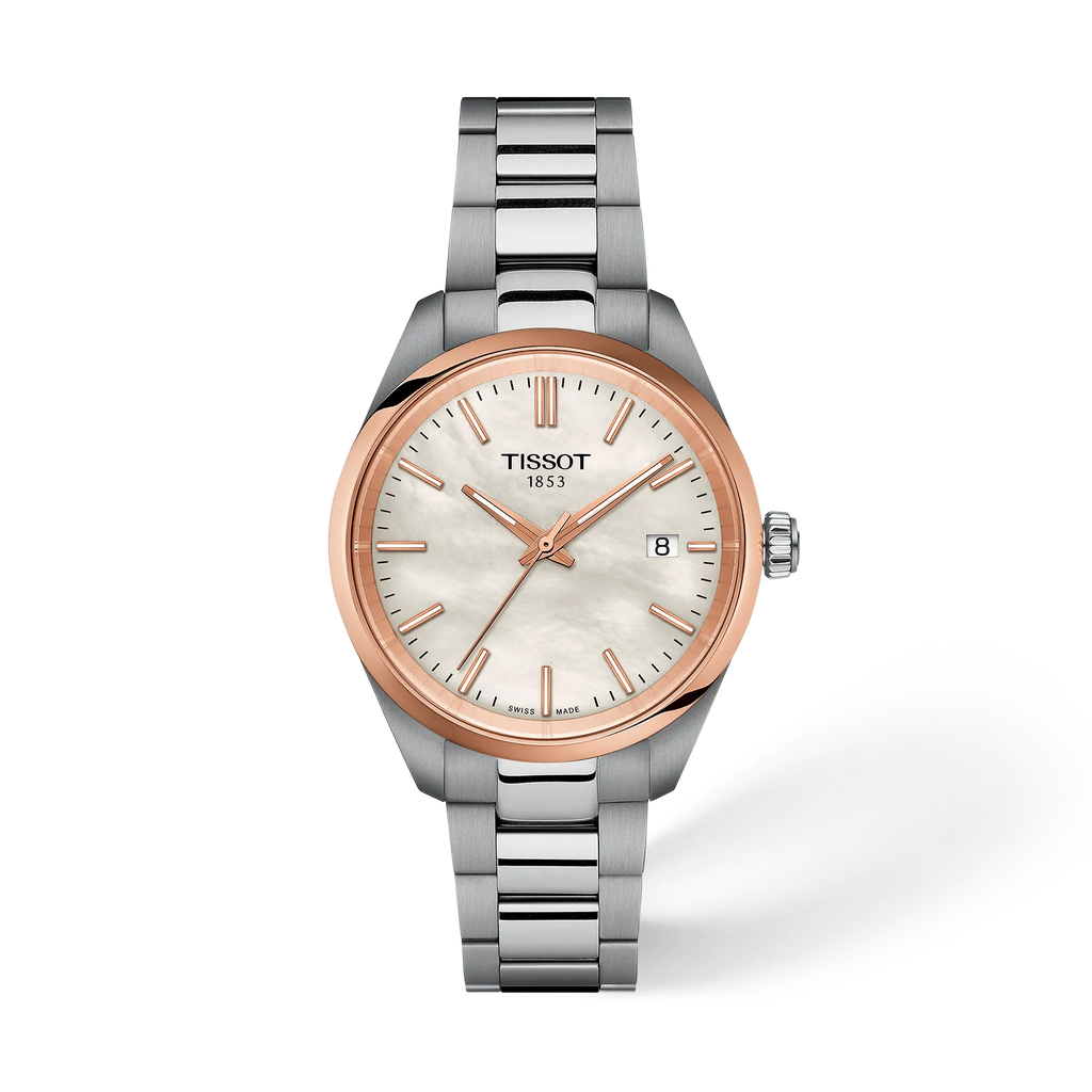 Front view of the watch Tissot PR 100 34mm with shadow