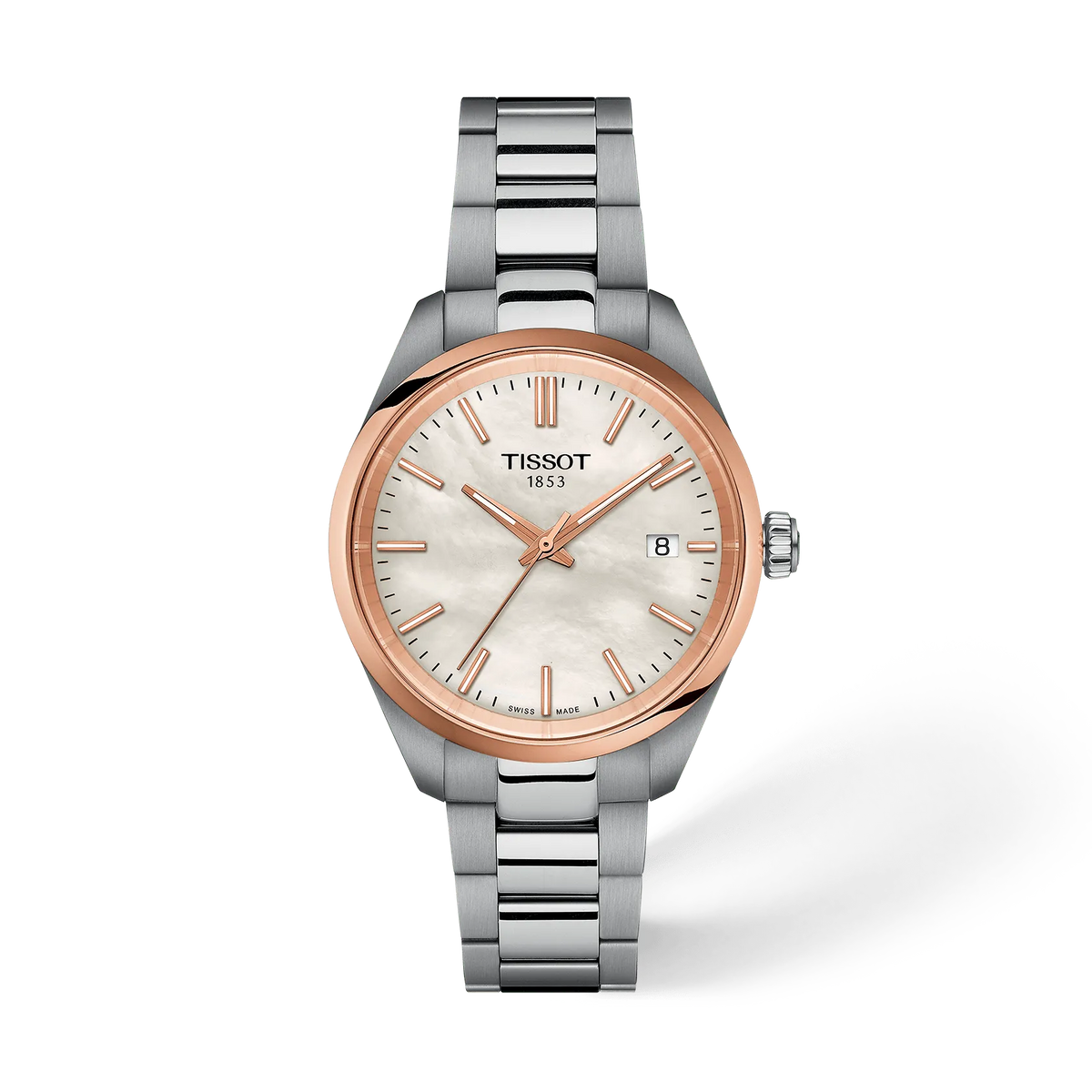 Front view of the watch Tissot PR 100 34mm with shadow