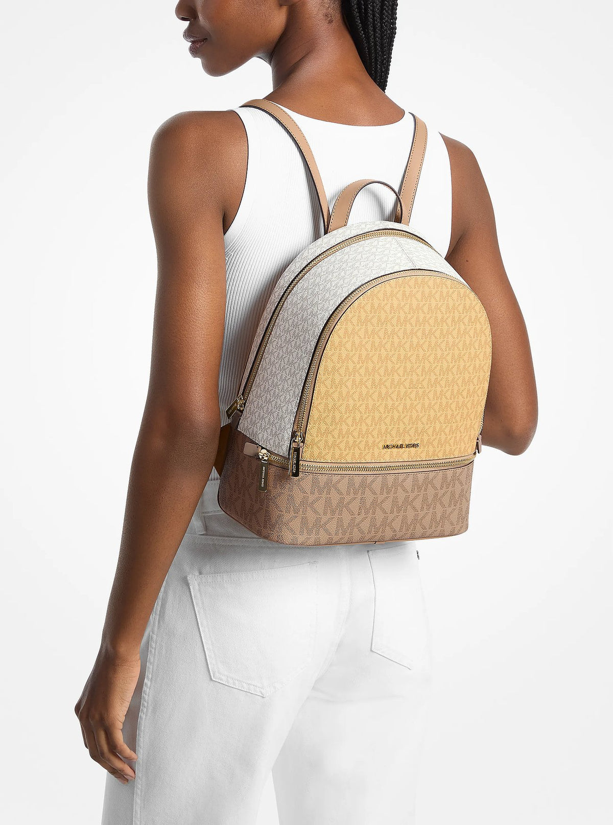 Michael Kors Rhea Medium Color-Block Signature Logo Backpack - Honeywheat Multi - 4