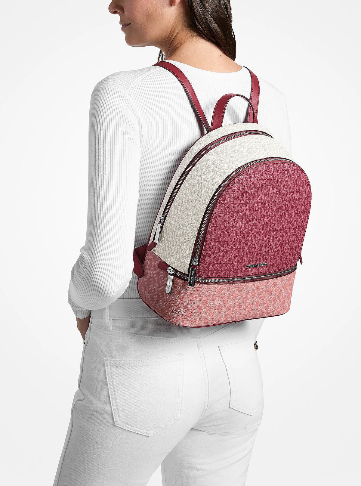 Michael Kors Rhea Medium Color-Block Signature Logo Backpack - Maroon - 4