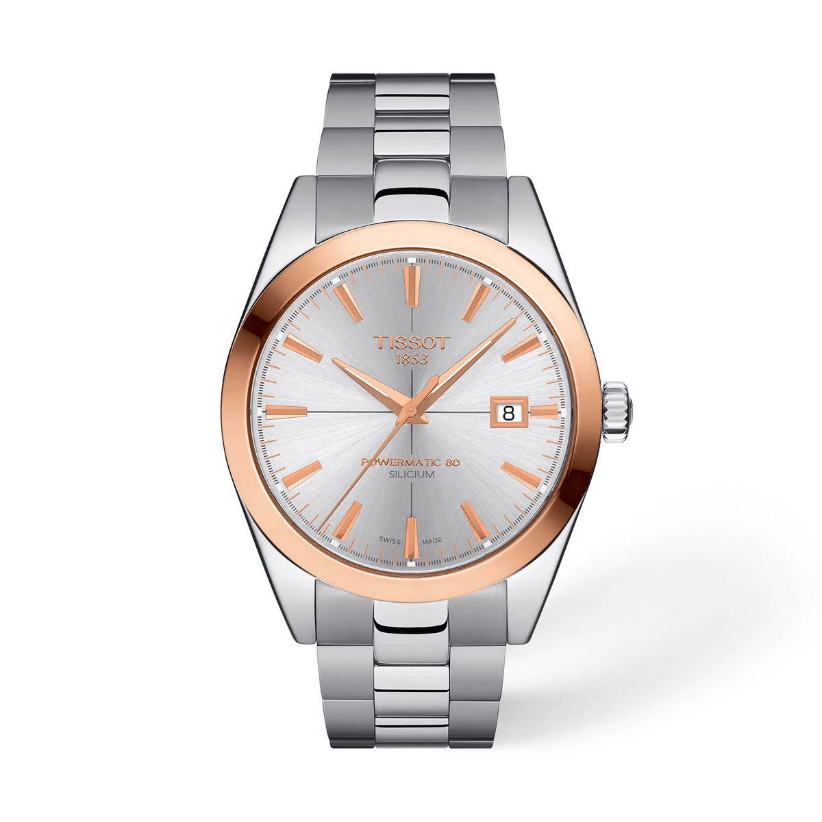 Front view of the watch Tissot Gentleman Gold bezel 40mm with shadow