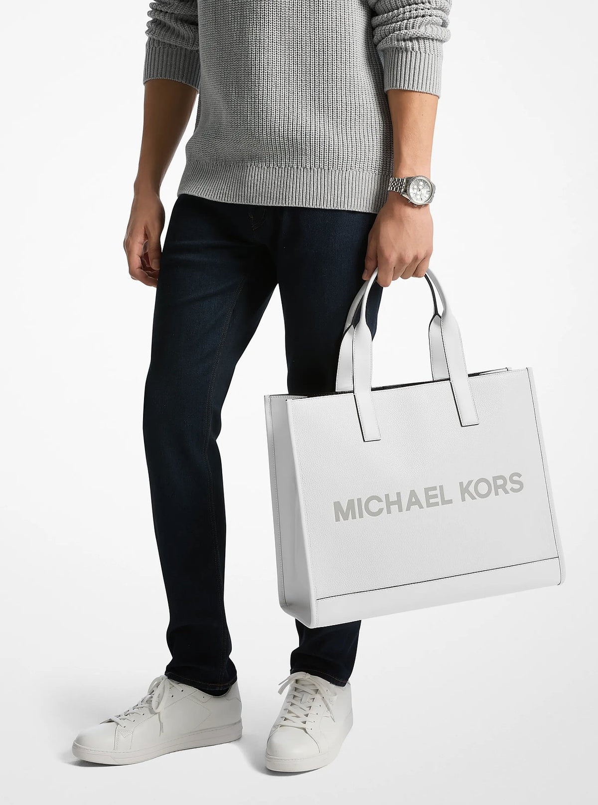 Michael Kors Cooper Logo Embossed Pebbled Leather Tote Bag - Bright Wht - 3