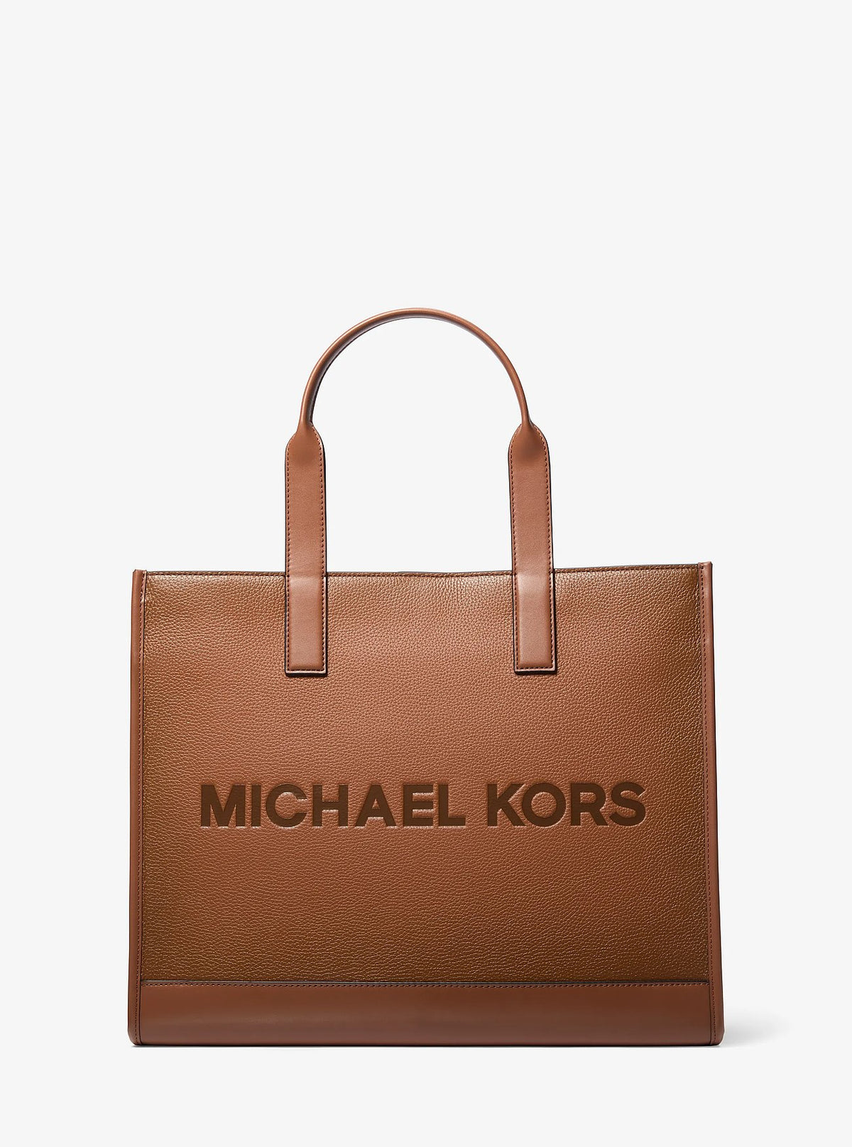 Michael Kors Cooper Logo Embossed Pebbled Leather Tote Bag - Luggage