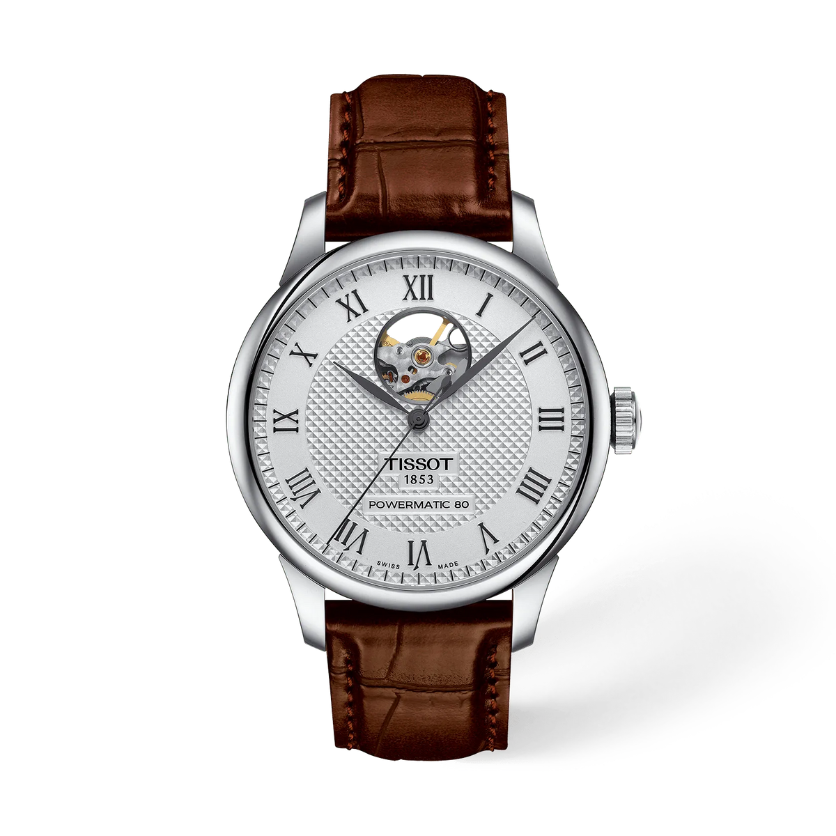 Front view of the watch Tissot Le Locle Open Heart 39.3mm with shadow