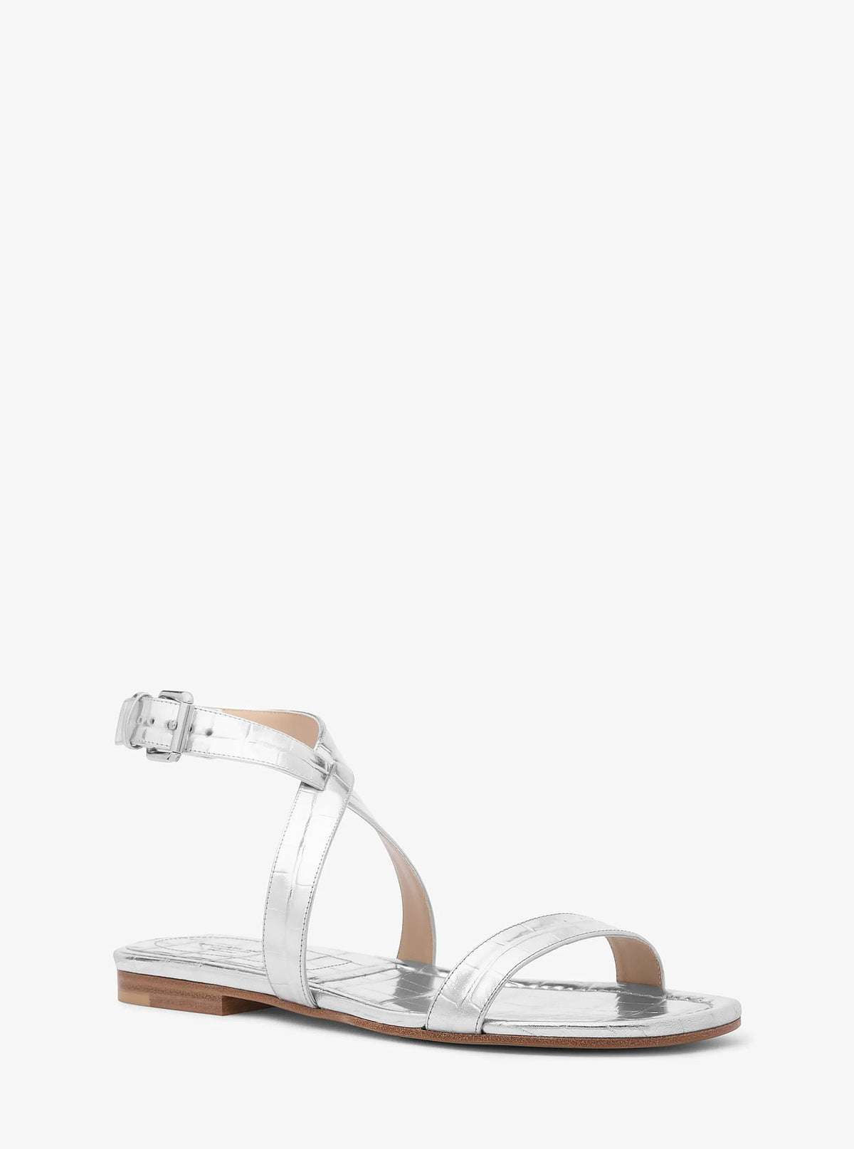 Michael Kors Bridgette Metallic Crocodile Embossed Leather Sandal - Silver