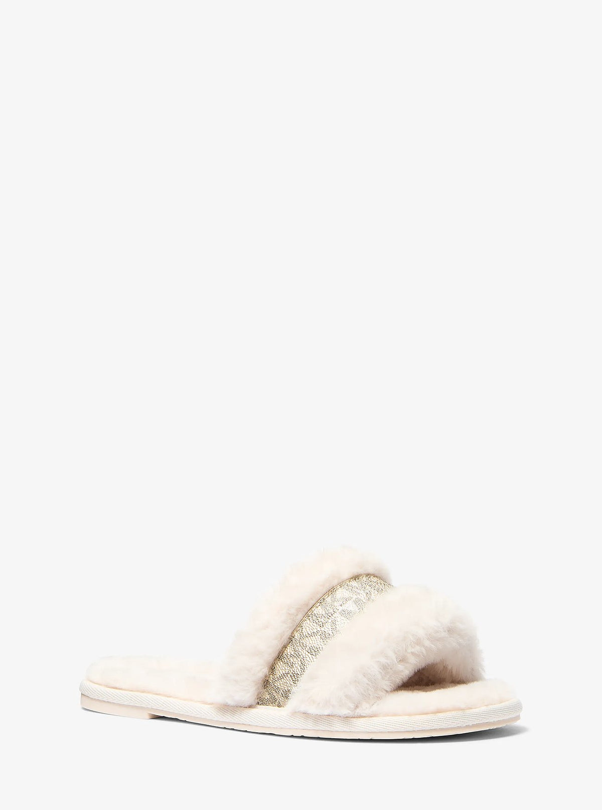Michael Kors Alexis Faux Fur and Metallic Signature Logo Slide Sandal - Natural