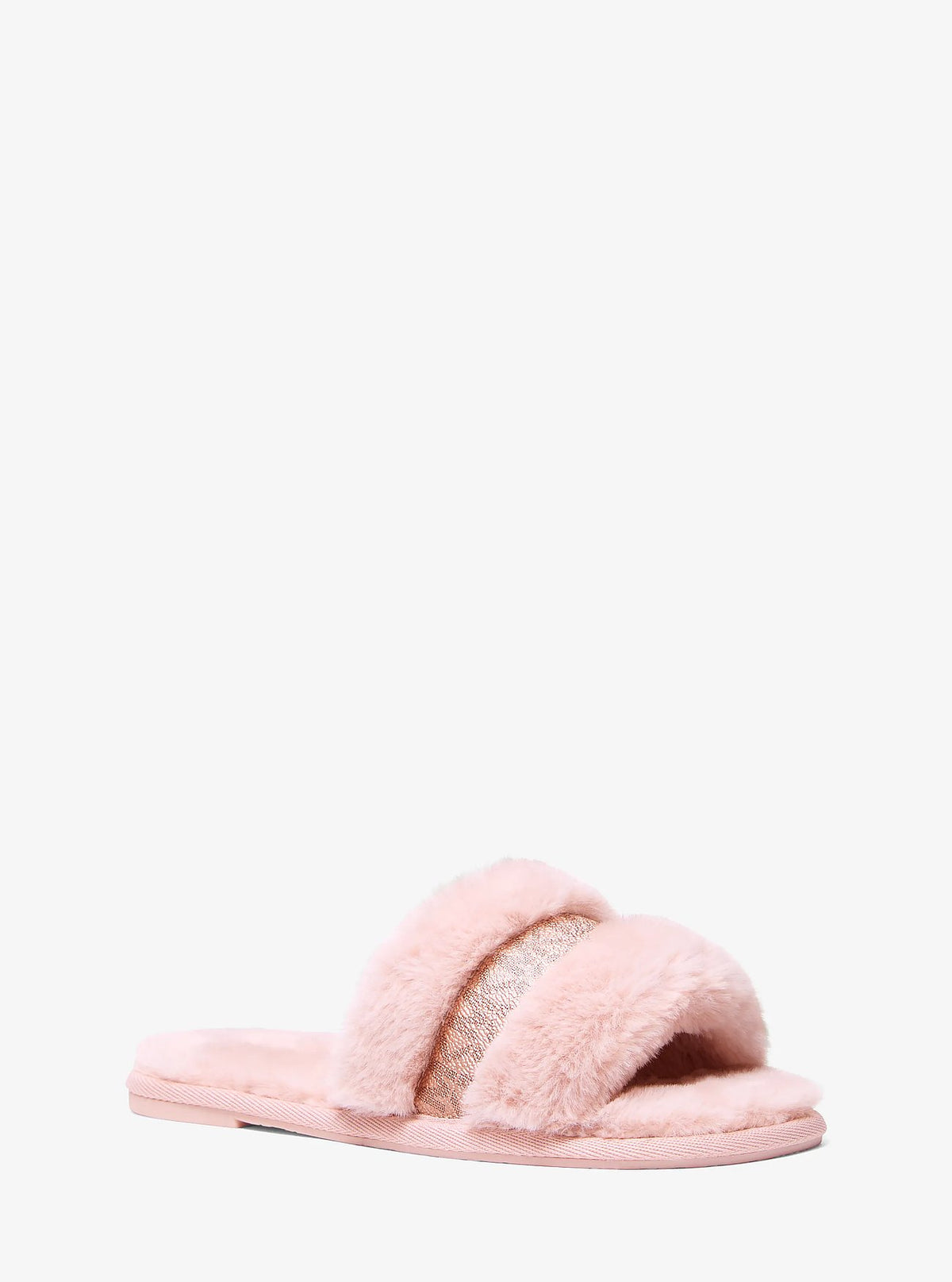 Michael Kors Alexis Faux Fur and Metallic Signature Logo Slide Sandal - Powder Blush