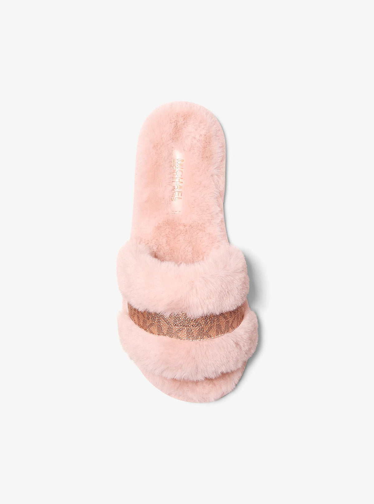 Michael Kors Alexis Faux Fur and Metallic Signature Logo Slide Sandal - Powder Blush - 3