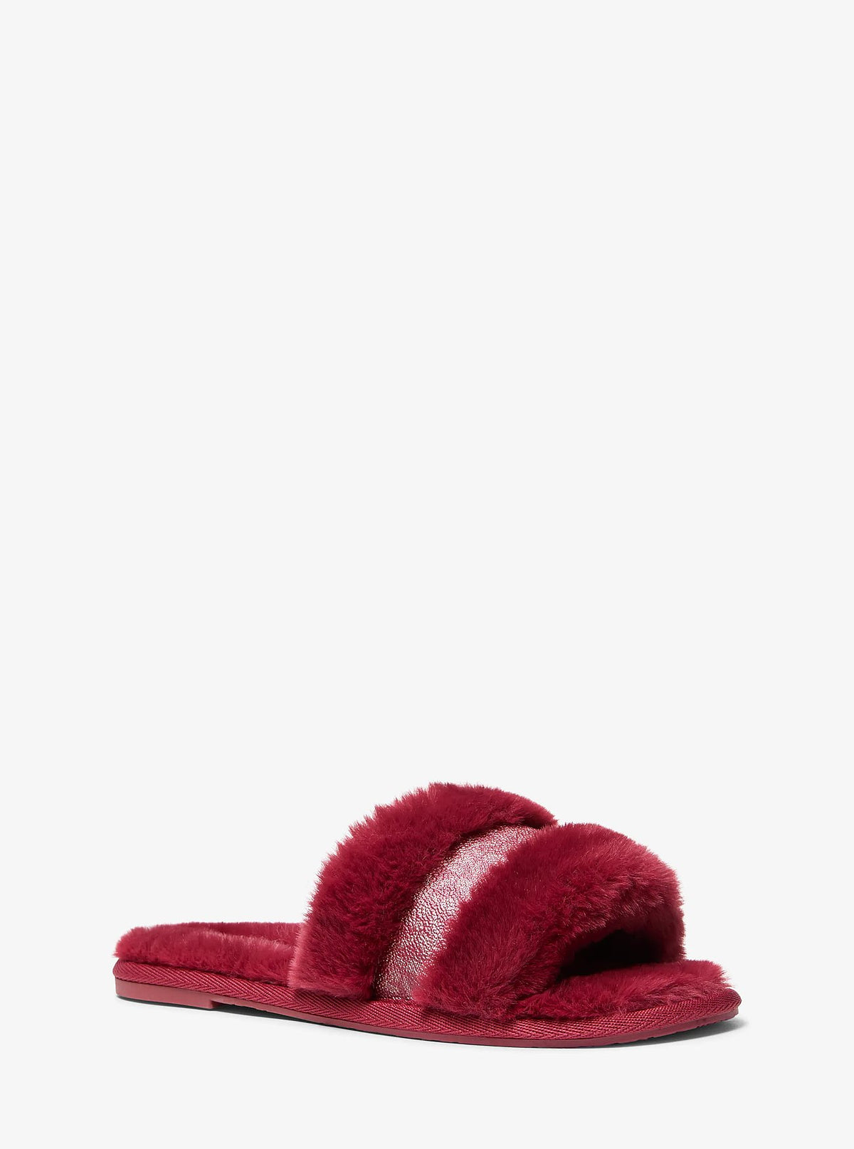 Michael Kors Alexis Faux Fur and Metallic Signature Logo Slide Sandal - Cherry