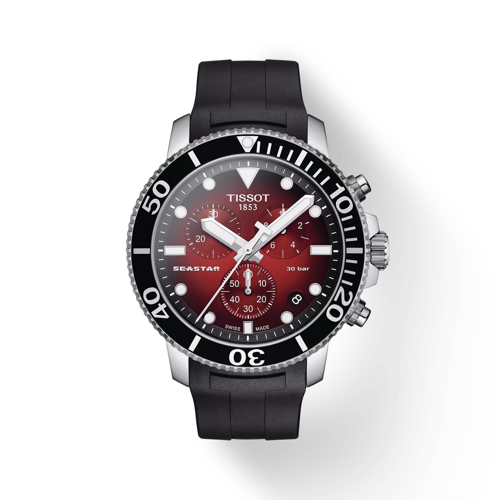 Front view of the watch Tissot Seastar 1000 Chronograph with shadow