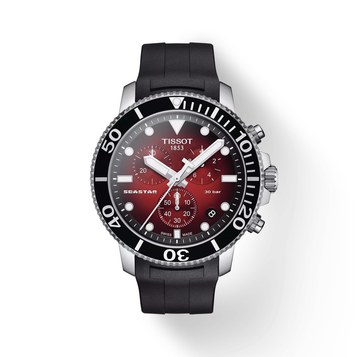 Front view of the watch Tissot Seastar 1000 Chronograph with shadow