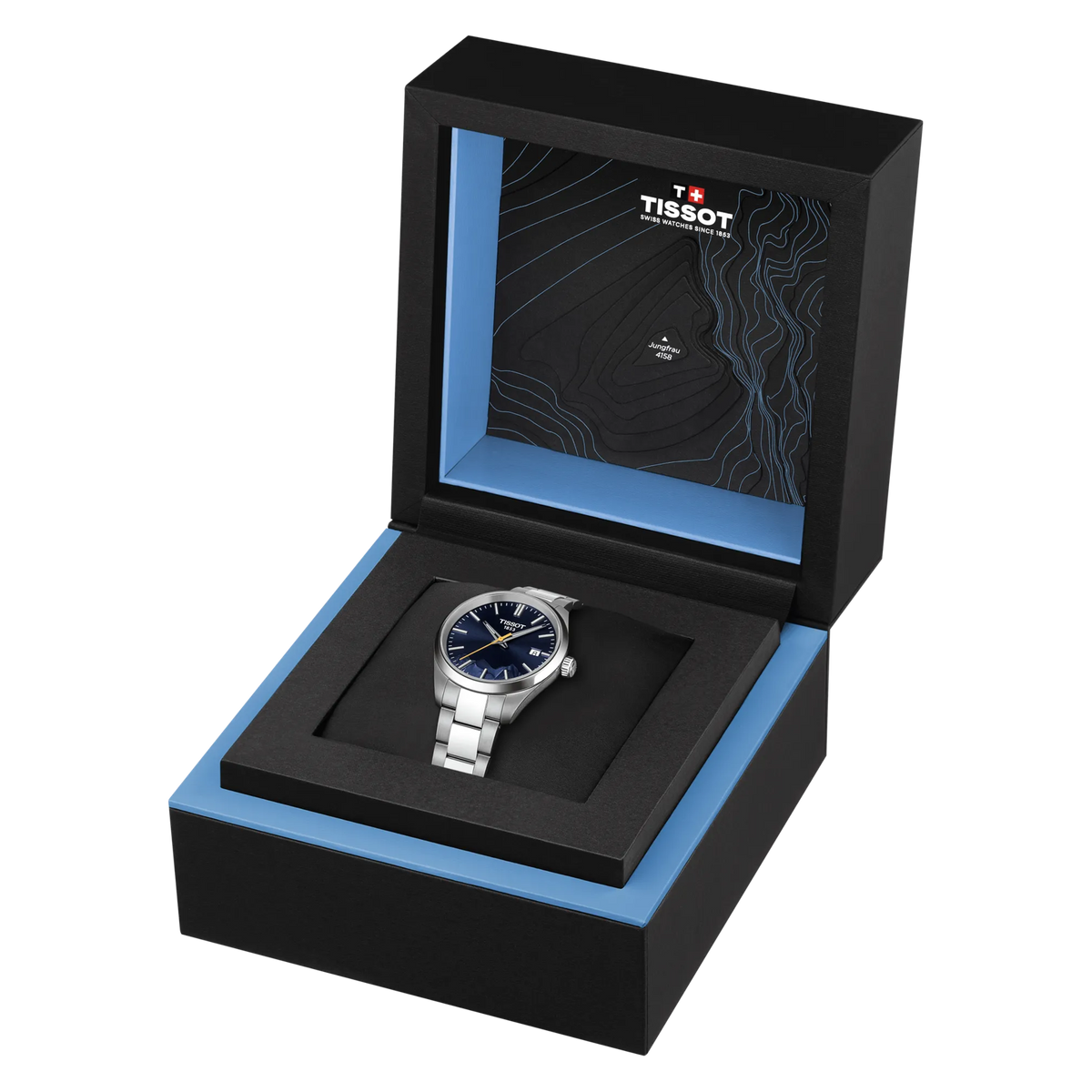 Front view of the watch Tissot PR 100 Jungfraubahn 34mm with opened