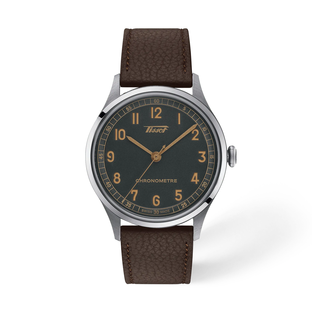 Front view of the watch Tissot Heritage 1938 39mm with shadow