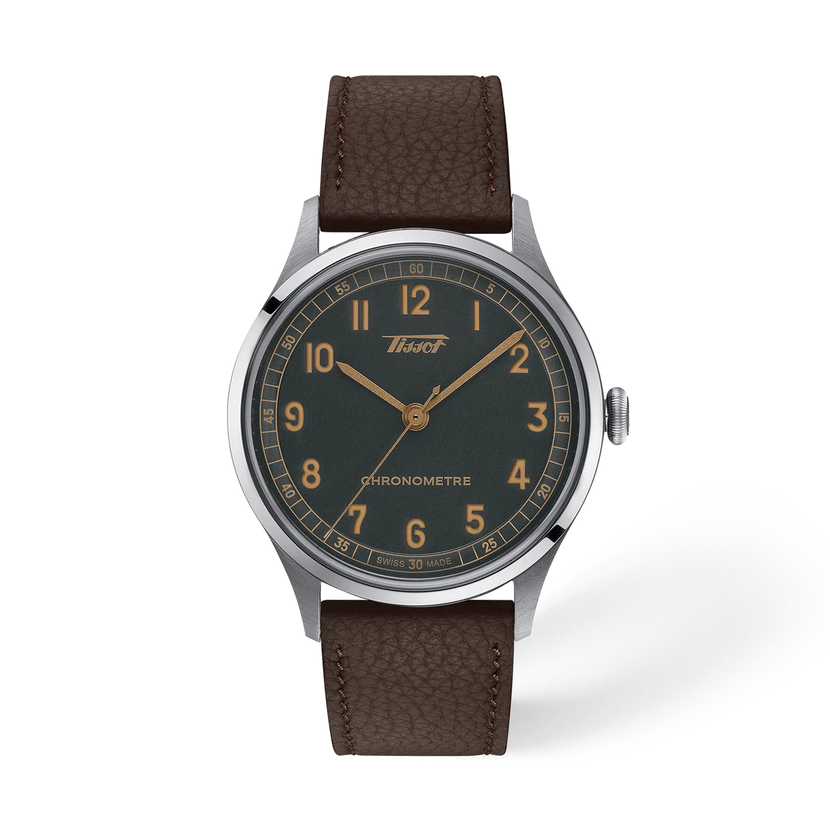 Front view of the watch Tissot Heritage 1938 39mm with shadow