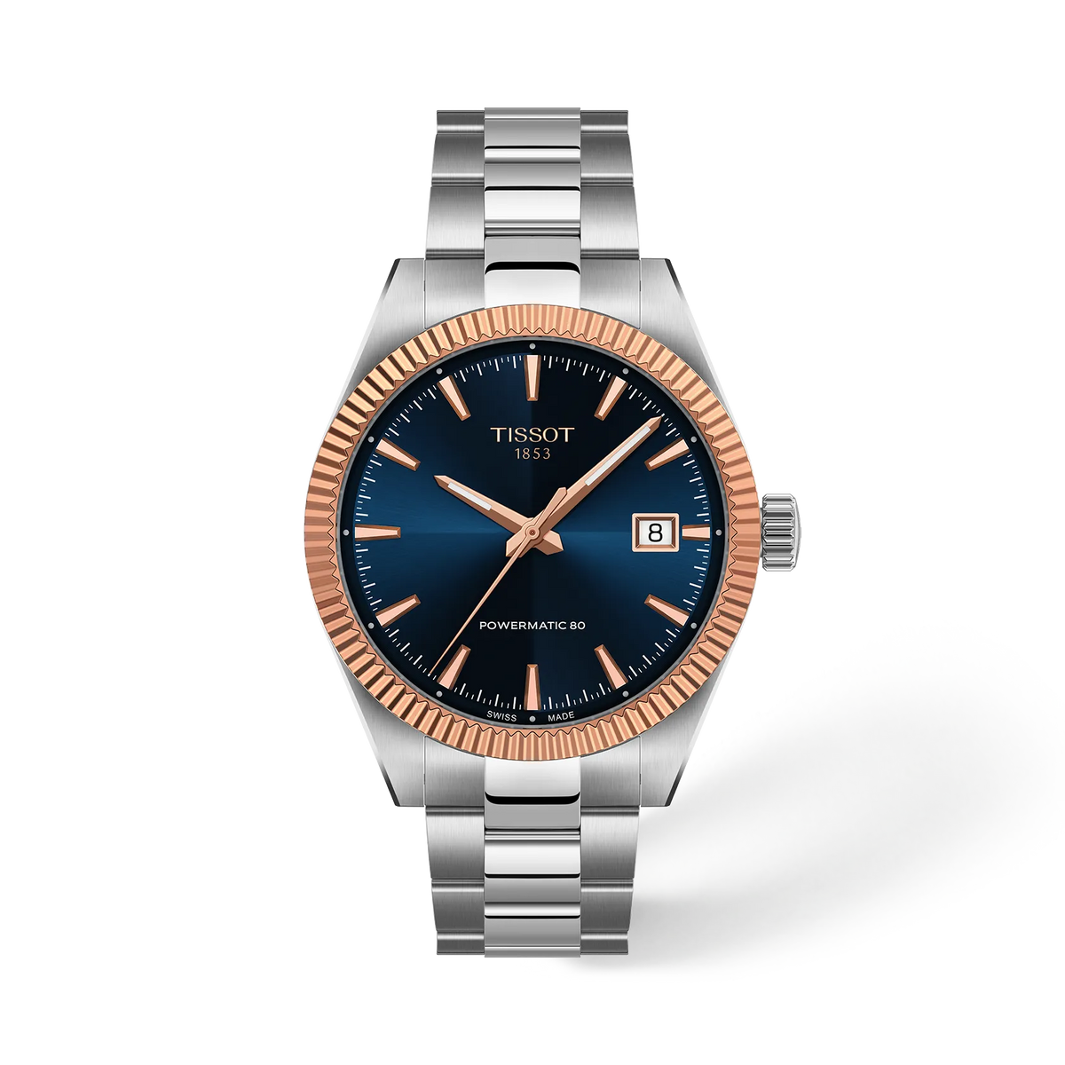 Front view of the watch Tissot Gentleman Gold Bezel 38mm with shadow