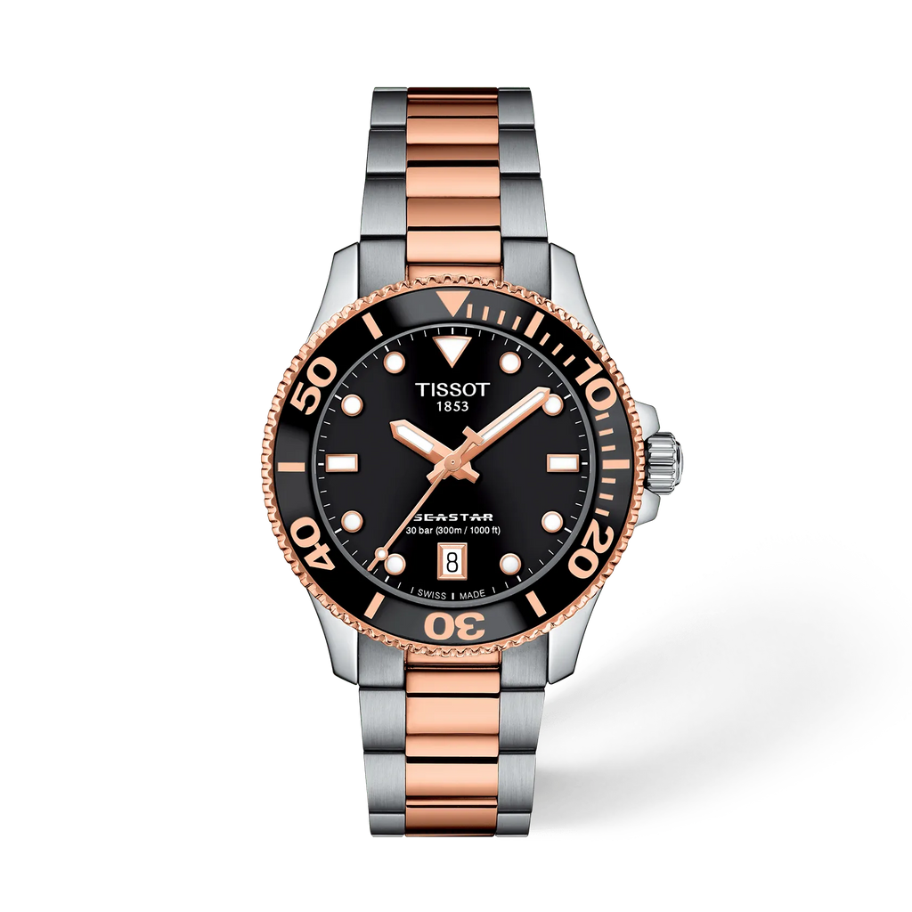 Front view of the watch Tissot Seastar 1000 36mm with shadow