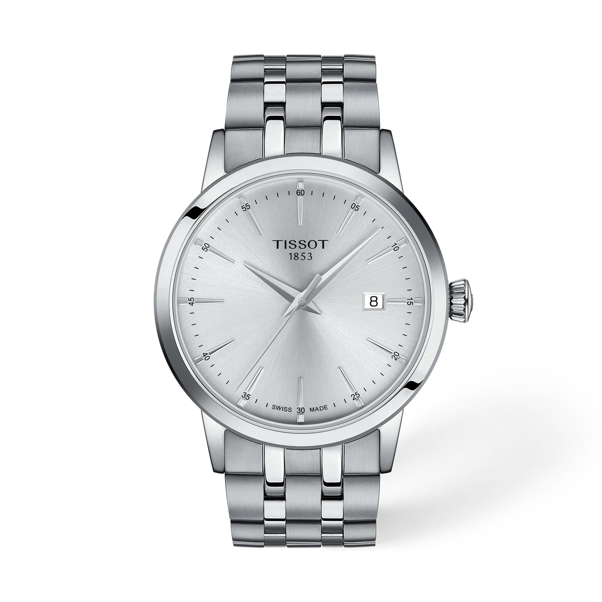 Front view of the watch Tissot Classic Dream 42mm with shadow