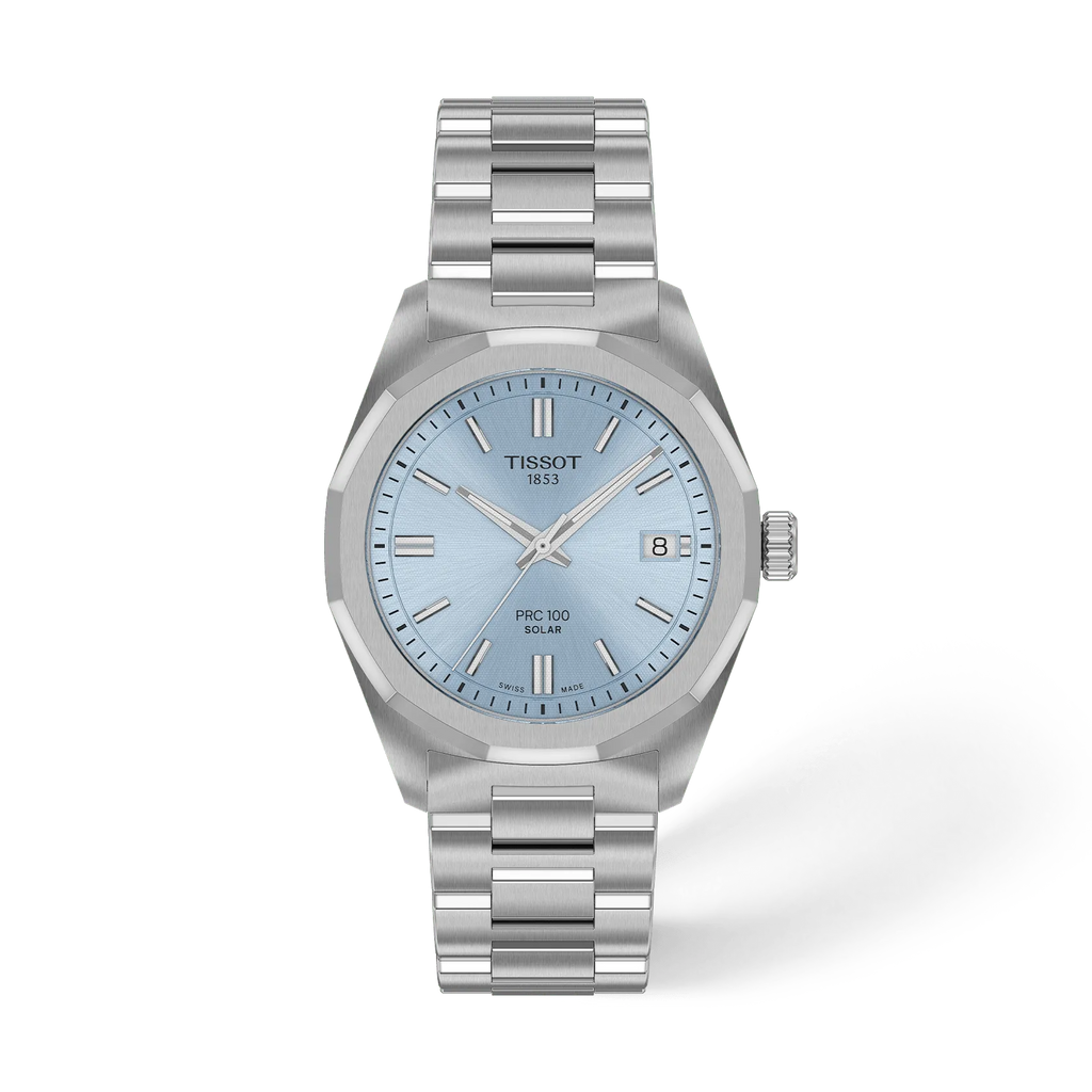 Front view of the watch Tissot PRC 100 Solar 34mm with shadow