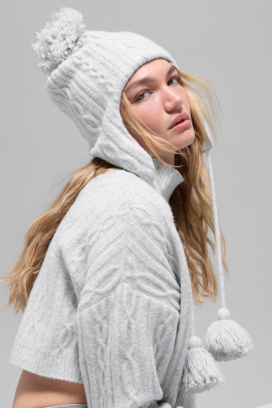 ALO Yoga Cable Knit Winter Bliss Earflap Beanie - Athletic Heather Grey - 2