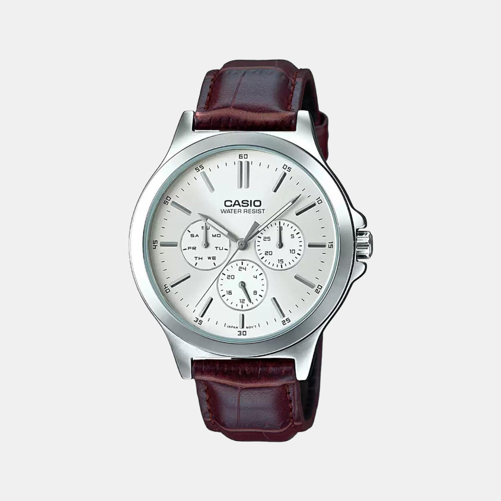 Casio Enticer Men Quartz White Dial Multi-Function Leather Watch A1177 - 1