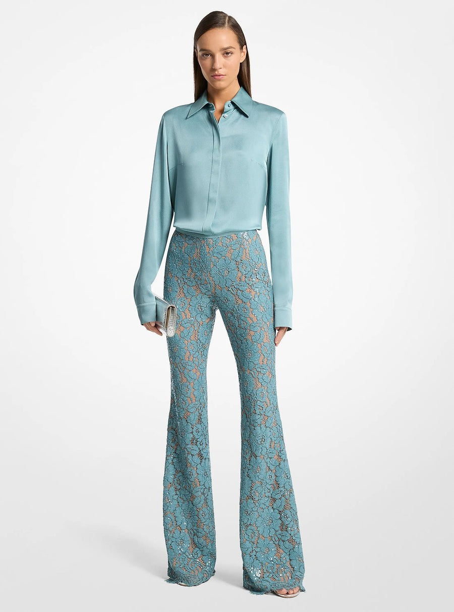 Michael Kors Hand-Embroidered Sequin Floral Lace Flared Pants