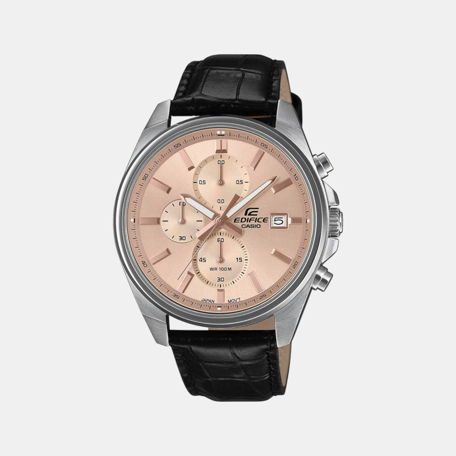 Casio Edifice Men Quartz Peach Dial Multi-Function Leather Watch ED664