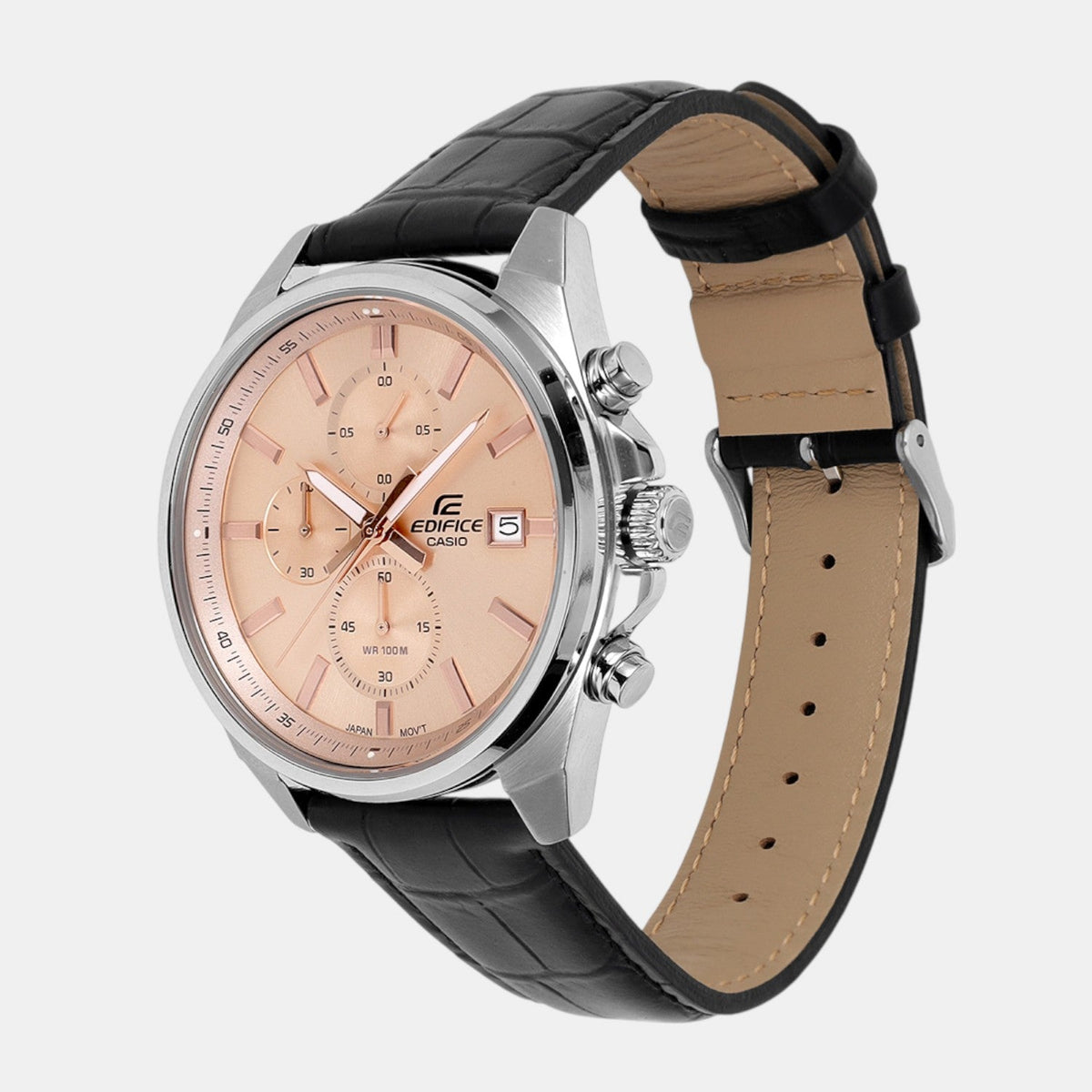 Casio Edifice Men Quartz Peach Dial Multi-Function Leather Watch ED664 - 4
