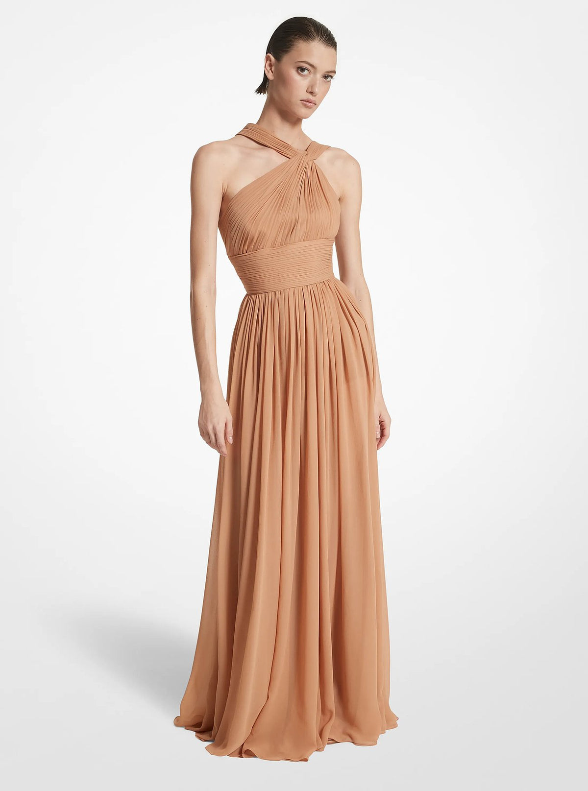Michael Kors Hand-Gathered Silk Chiffon One-Shoulder Gown - Suntan