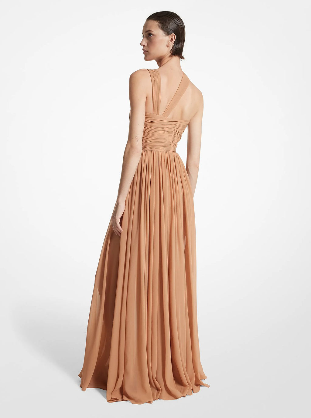 Michael Kors Hand-Gathered Silk Chiffon One-Shoulder Gown - Suntan - 2