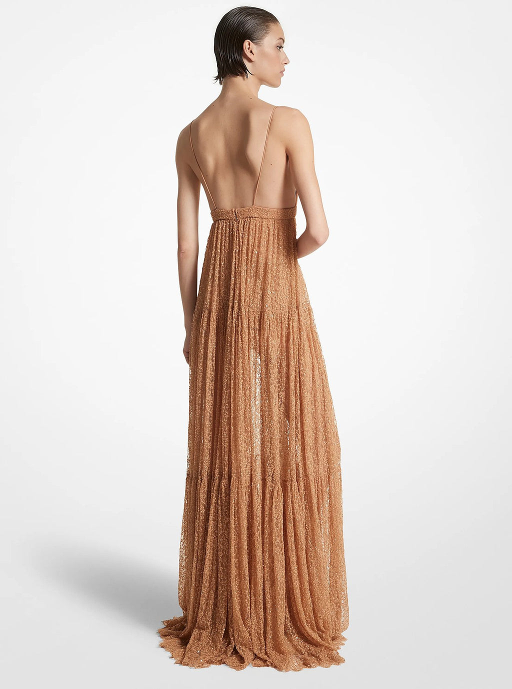 Michael Kors Hand-Embroidered Sequin Chantilly Lace Slip Gown - Suntan - 2