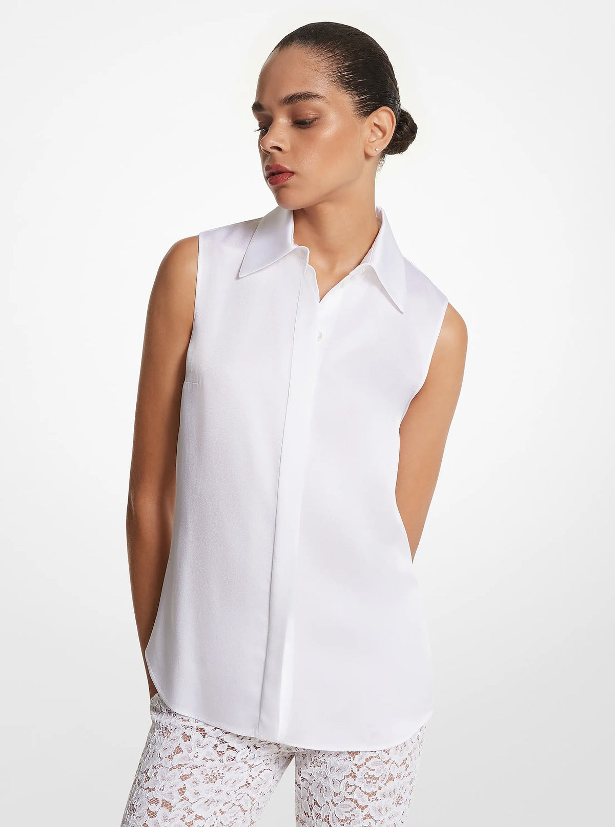 Michael Kors Hansen Charmeuse Sleeveless Shirt - Optic White