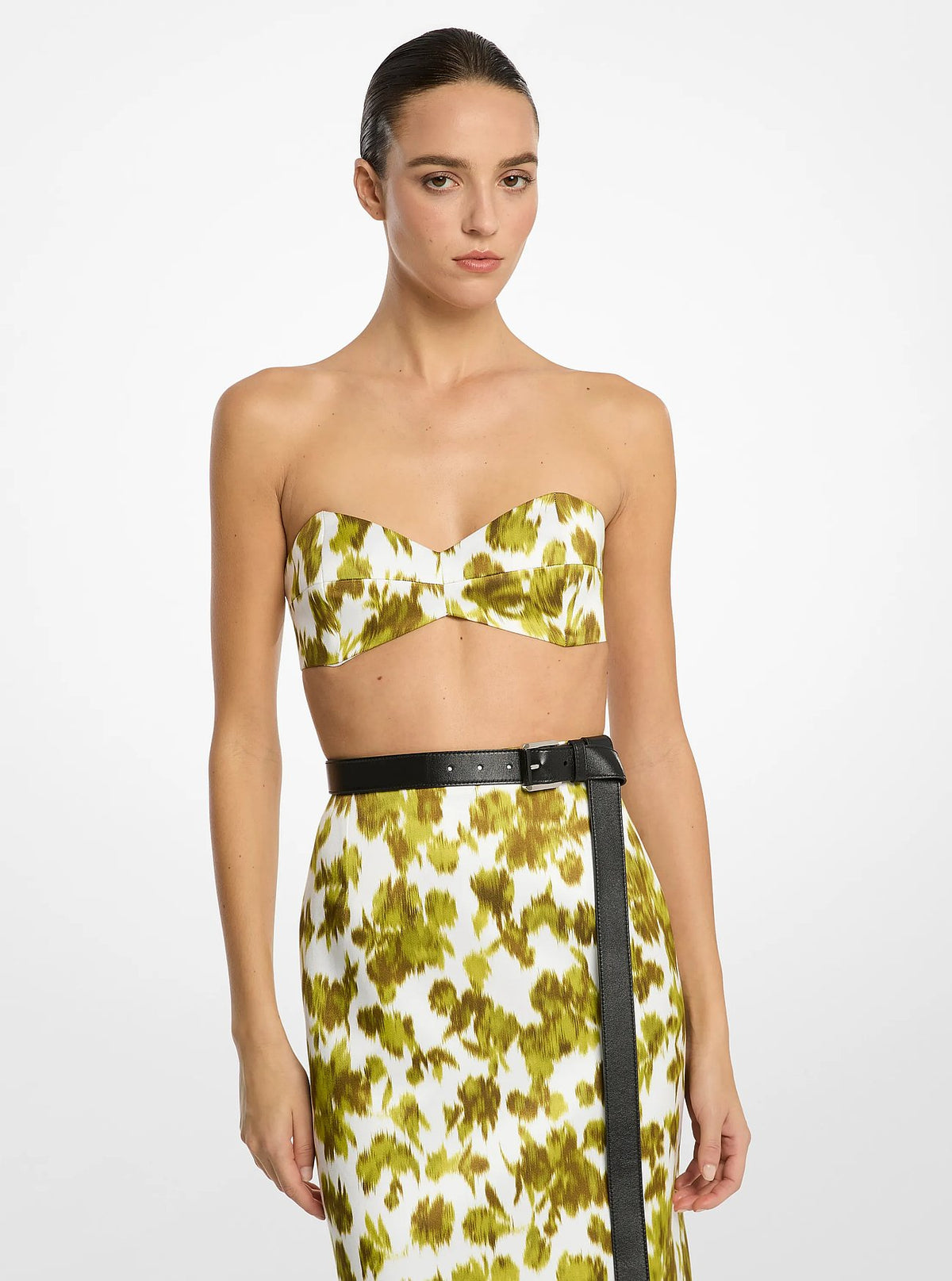 Michael Kors Floral Chiné Satin Duchesse Bandeau Top - Moss/Optic White