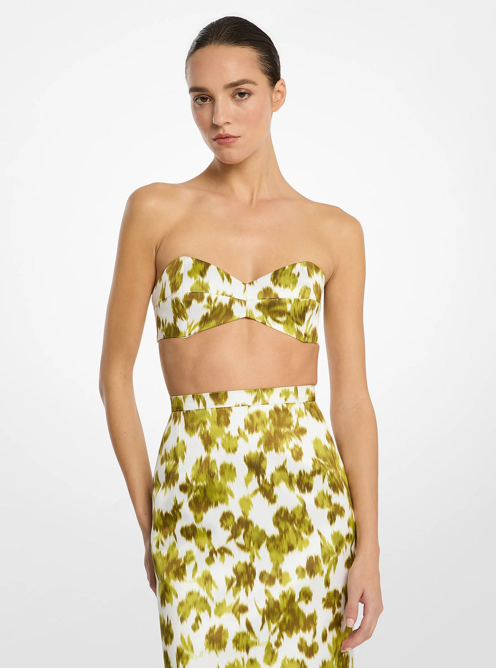 Michael Kors Floral Chiné Satin Duchesse Bandeau Top - Moss/Optic White - 3