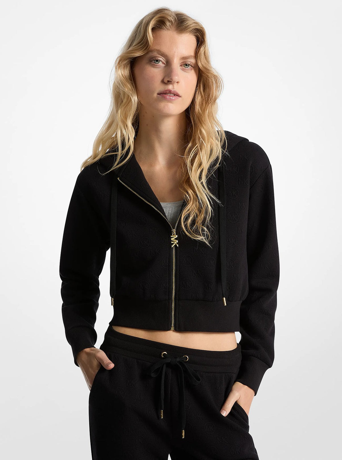 Michael Kors Logo Jacquard Charm Jacquard Cropped Zip-Up Hoodie - Black