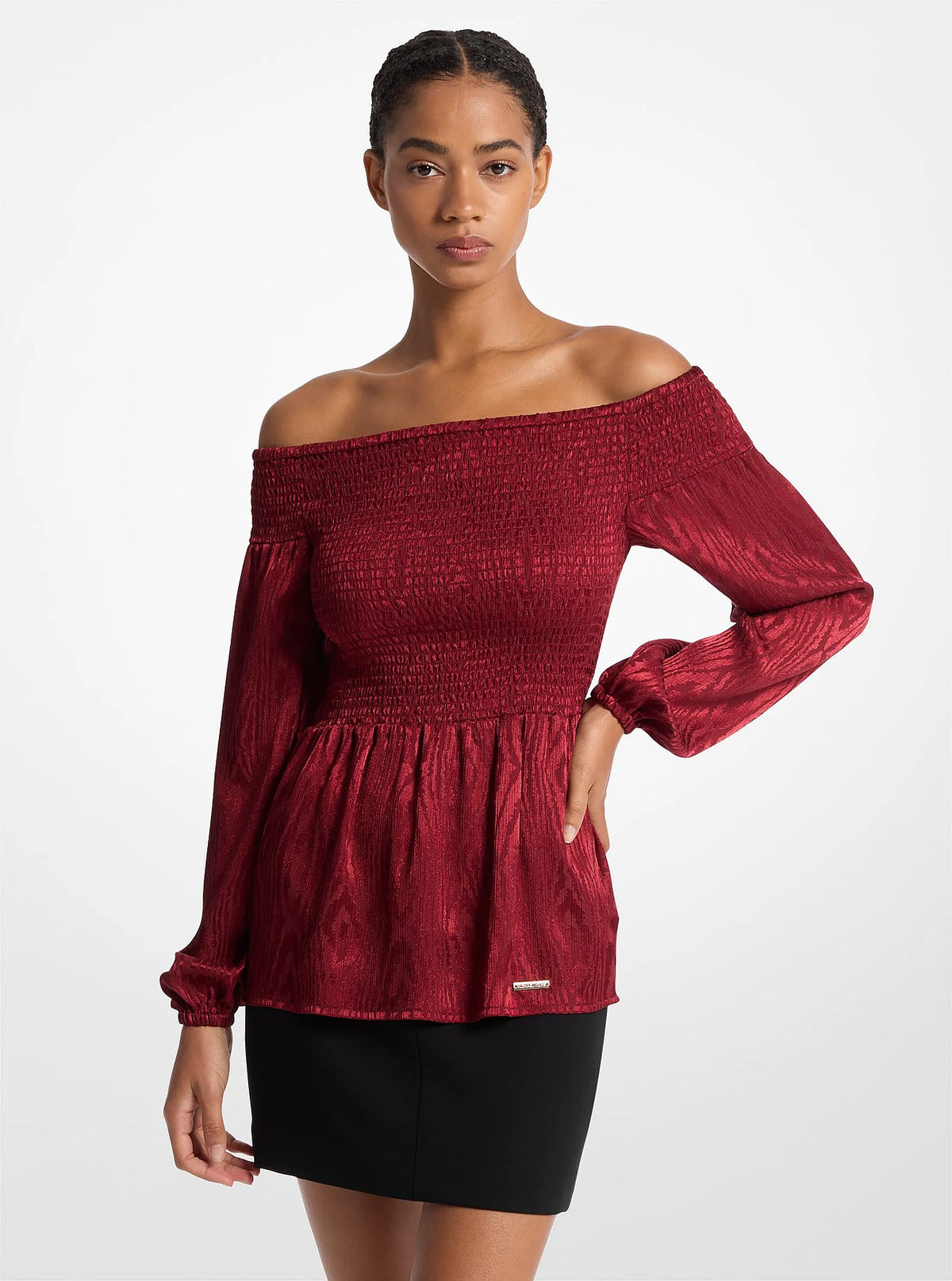 Michael Kors Smocked Moiré Jacquard Off-The-Shoulder Top - Dark Brandy