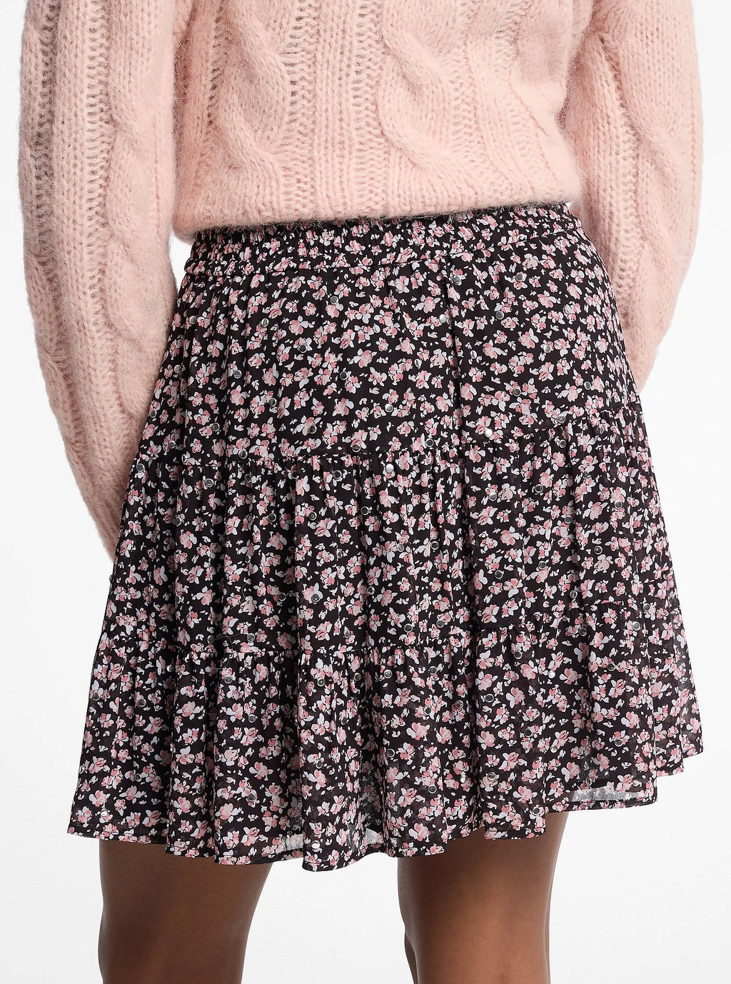 Michael Kors Studded Floral Print Georgette Tiered Skirt - Dusty Rose - 2
