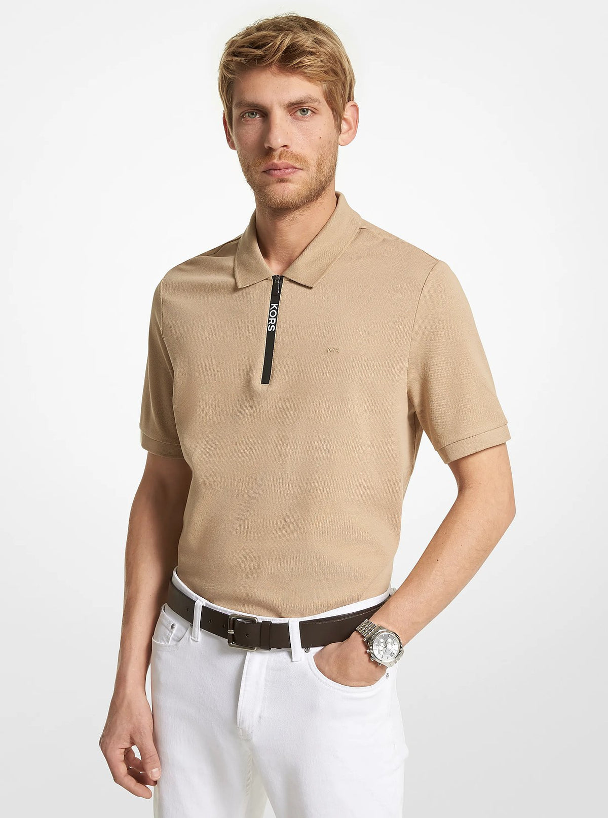 Michael Kors Cotton Half-Zip Polo Shirt - Khaki