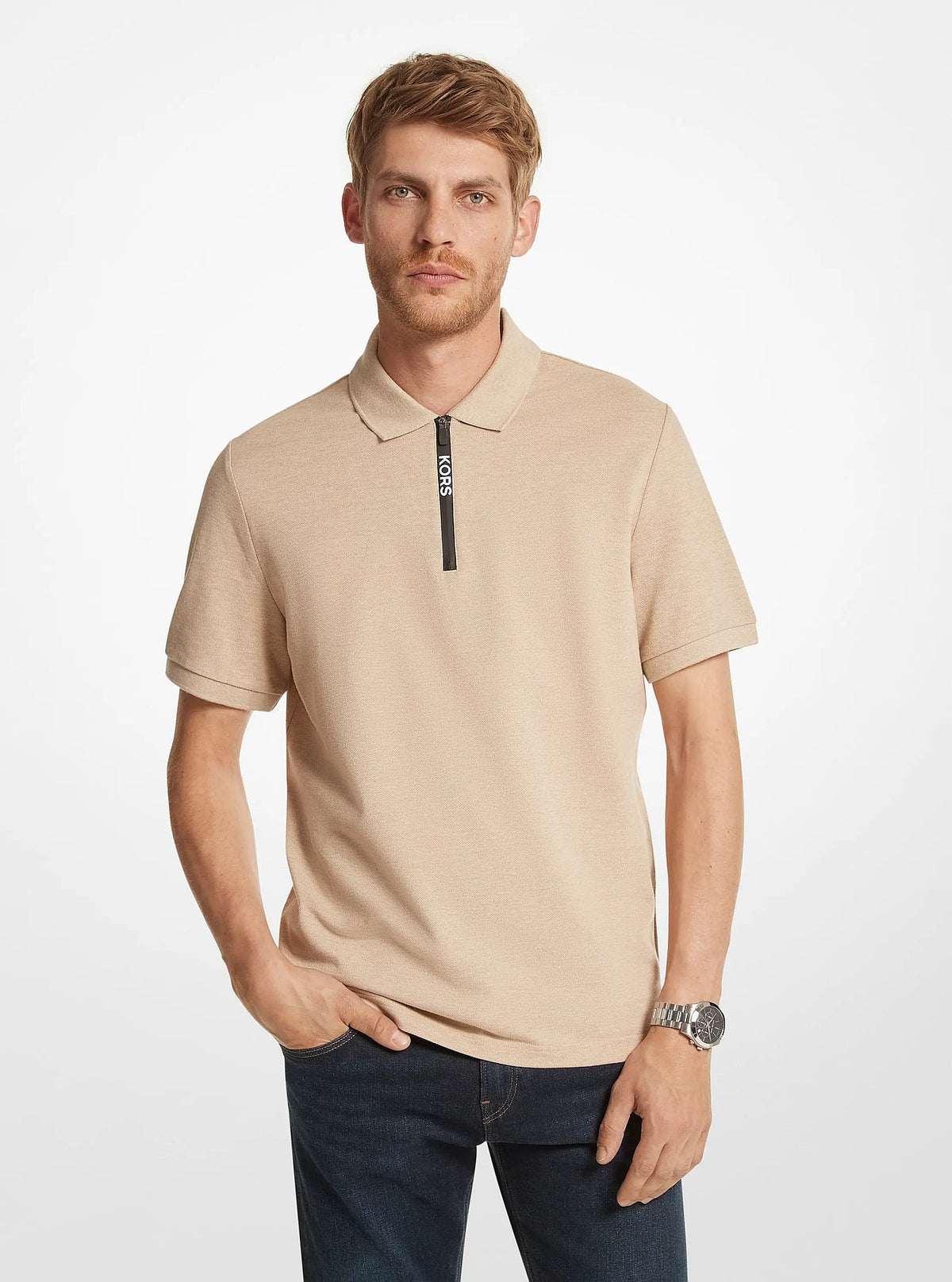Michael Kors Cotton Half-Zip Polo Shirt - Khki Htr