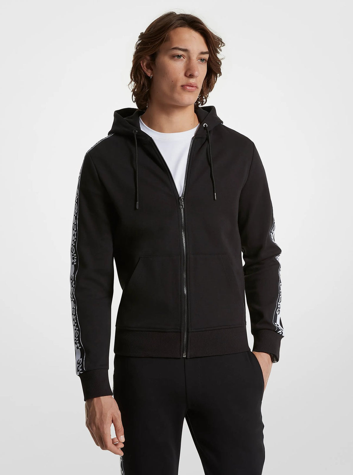 Michael Kors Logo Tape Cotton Blend Zip-Up Hoodie - Black
