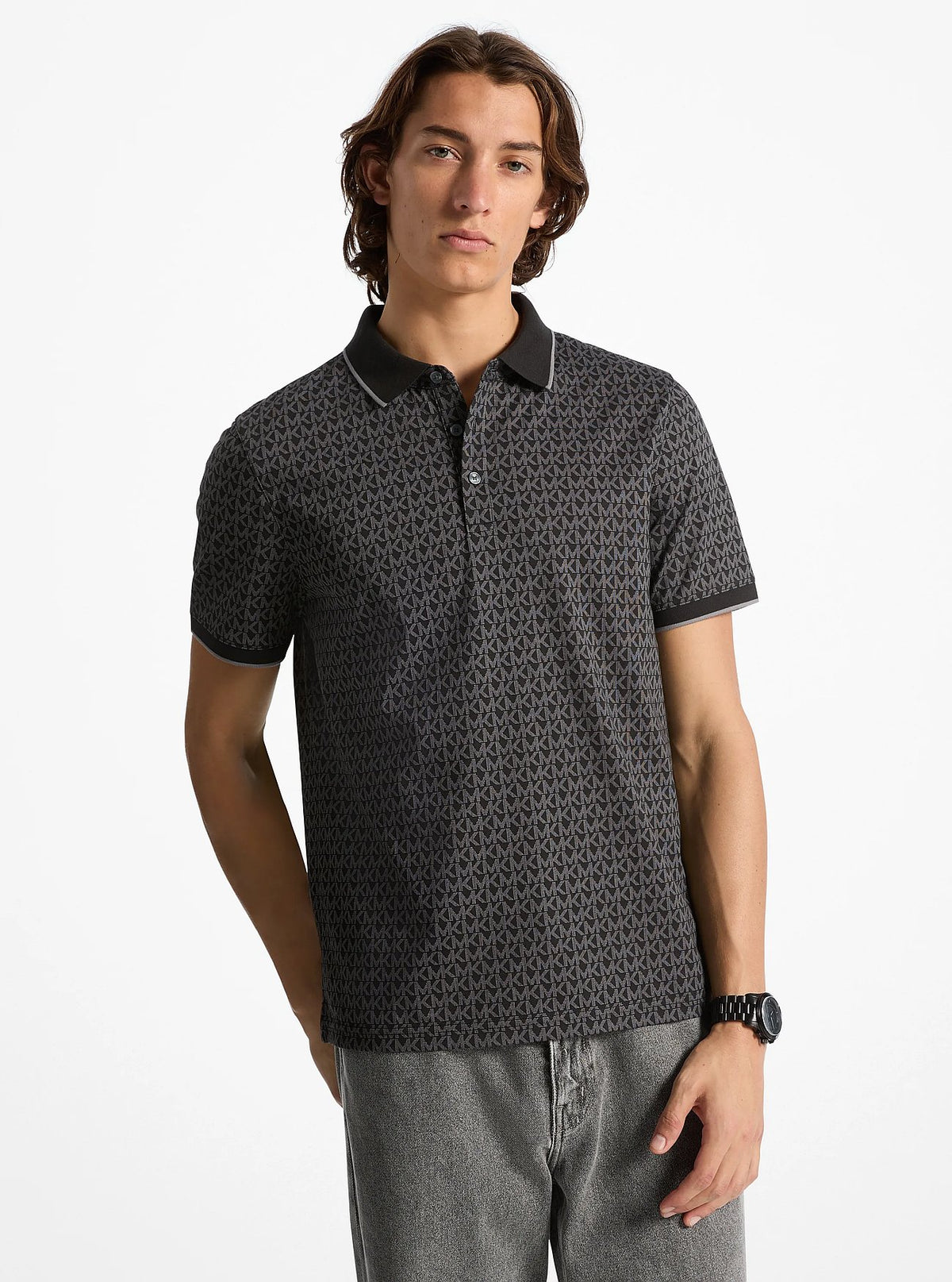 Michael Kors Greenwich Signature Logo Print Cotton Polo Shirt - Black