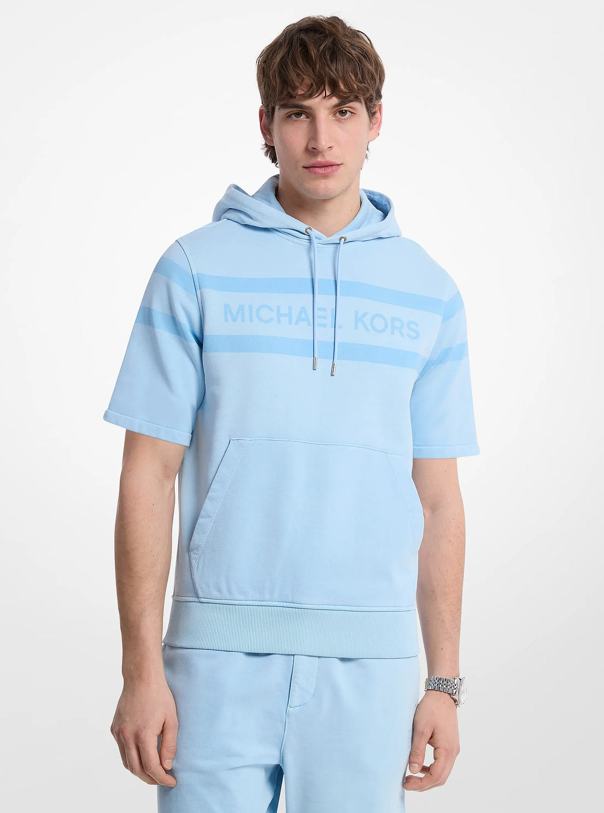Michael Kors Logo Garment-Dyed Cotton Short Sleeve Hoodie - Light Sky