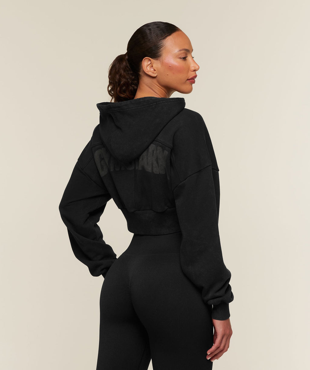 Gymshark Power Washed Cropped Full Zip Hoodie - Black/Wash - 2
