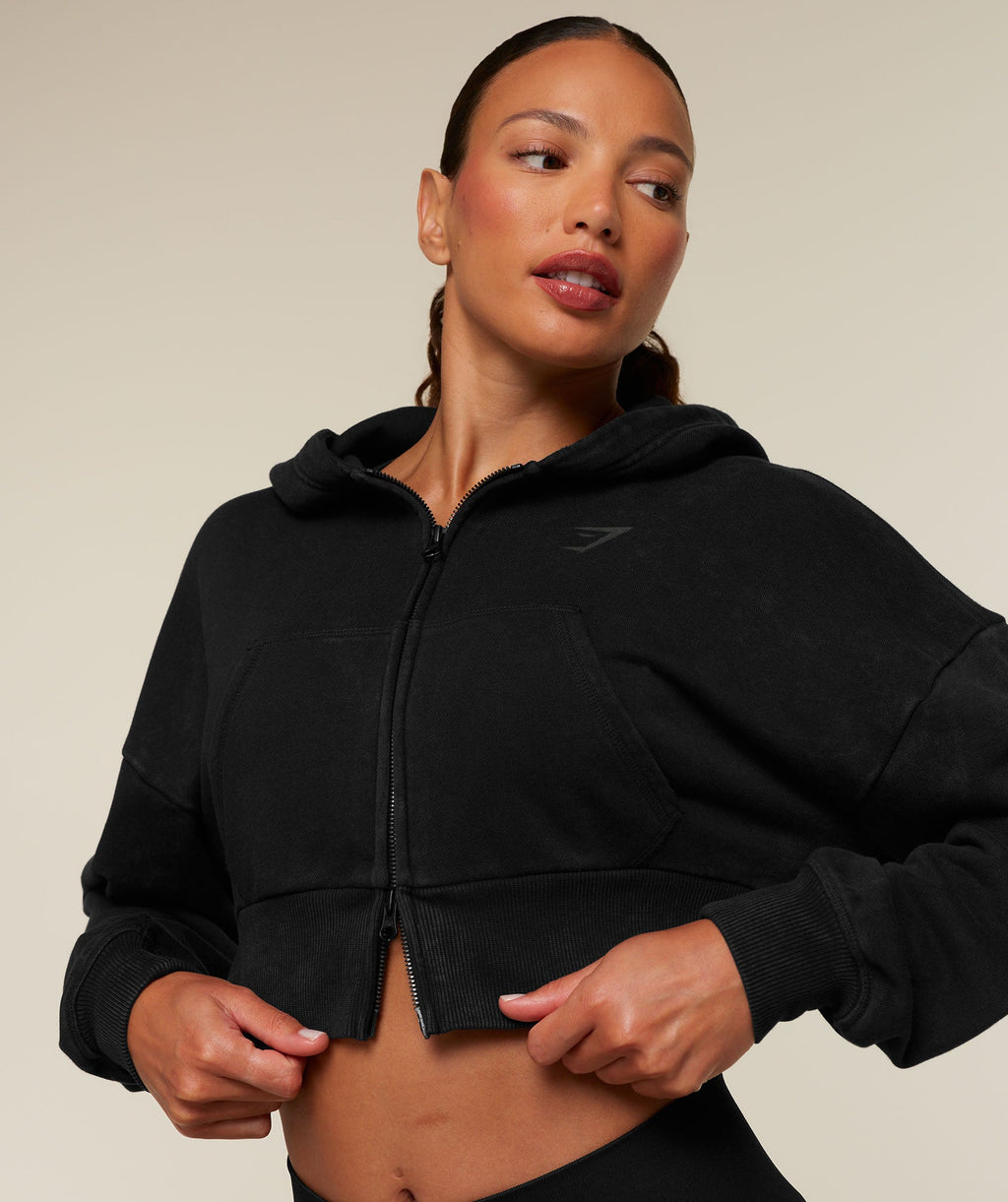 Gymshark Power Washed Cropped Full Zip Hoodie - Black/Wash - 6