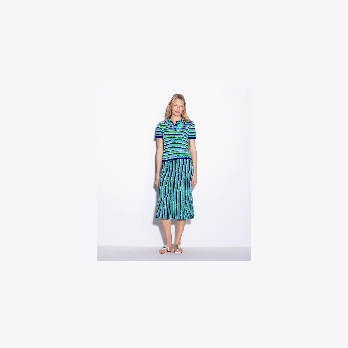 Tory Burch Striped Cotton Skirt - Ocean / Light Blue / Green - 4